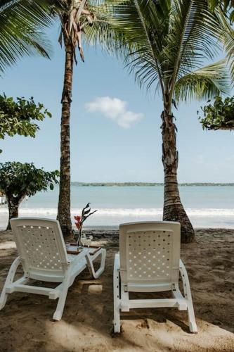 two chairs and palm trees on a beach at CherryTree Bungalow of Villa Paraiso / Beachfront in Big Creek