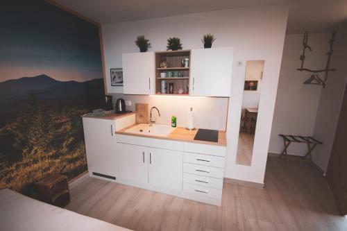 a kitchen with white cabinets and a sink at Northwest Studio Apartments in Klagenfurt