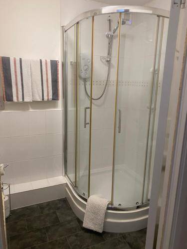 a shower with a glass door in a bathroom at Argyll Apartment Loch Lomond in Balloch