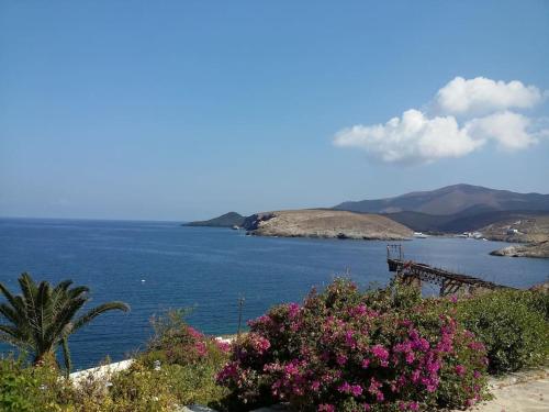 a view of a large body of water with flowers at Greek traditional Island Villa Sai Villa in Loutrá