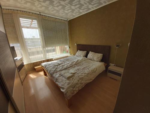 a bedroom with a bed and two windows at Magnum apartman in Pécs