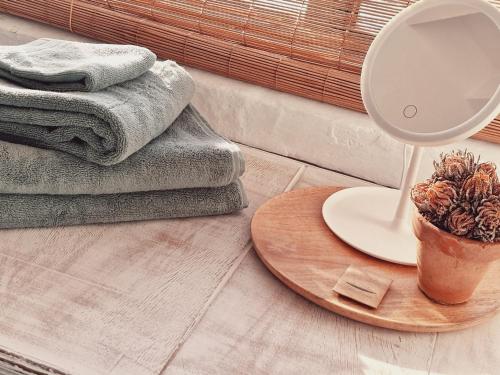 um espelho sobre uma mesa ao lado de toalhas e uma planta em Mongofre Agroturismo em Maó