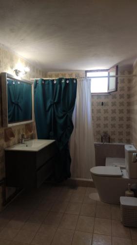 a bathroom with a blue shower curtain and a sink and toilet at Tonia's Place in Ermioni