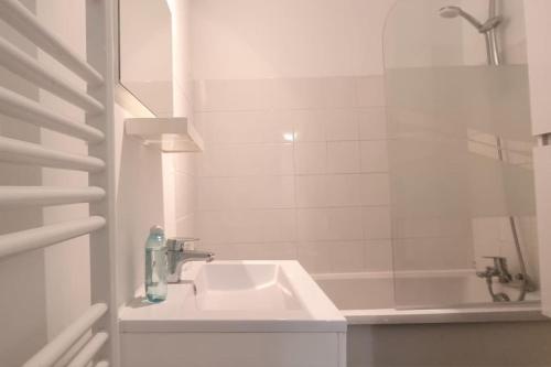 a white bathroom with a sink and a shower at Apollinaire - Très jolie maison - Jardin - 3pers in Lille