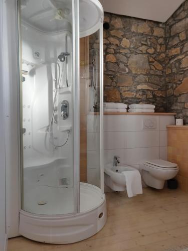 ein Bad mit einer Dusche und einem WC in der Unterkunft Small house in Vipava valley in Vipava