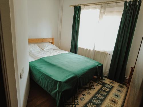 a bedroom with a green bed and a window at Cabana Laptici - statiunea Pestera-Padina, Bucegi in Sinaia