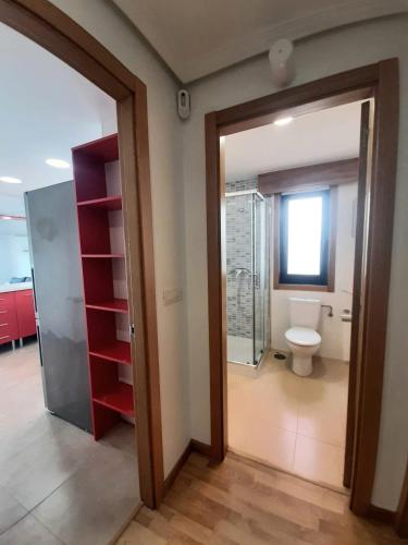 米尼奧的住宿－Super vistas Miño I，一间带卫生间和玻璃门的浴室