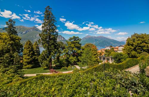 Blick auf einen Garten mit Bergblick im Hintergrund in der Unterkunft Gothic Apartments by Wonderful Italy in Bellagio