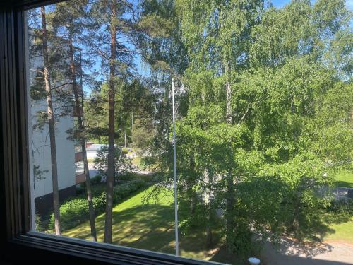 a window with a view of a yard with trees at Cozy apartment in Parainen 