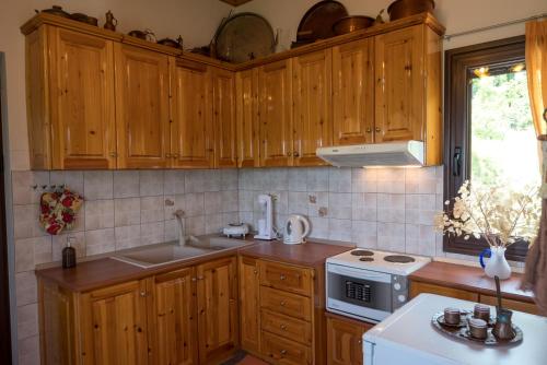 uma cozinha com armários de madeira, um lavatório e um fogão em Pantheon 2 em Mouresi