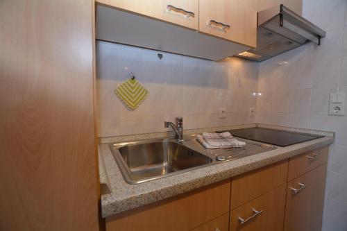eine Küche mit einer Spüle und einer Arbeitsplatte in der Unterkunft Haus Karin Ferienwohnung 1 in Büsum