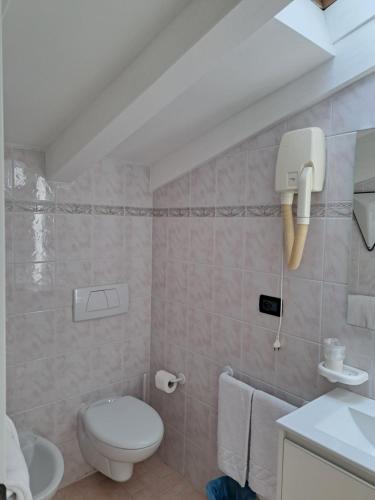 La salle de bains est pourvue de toilettes et d'un lavabo. dans l'établissement Hotel Ettoral, à Lido di Jesolo