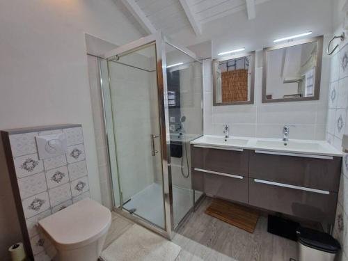a bathroom with a shower and a toilet and a sink at Villa Eden, à 400 mètres de la plage du Souffleur in Port-Louis