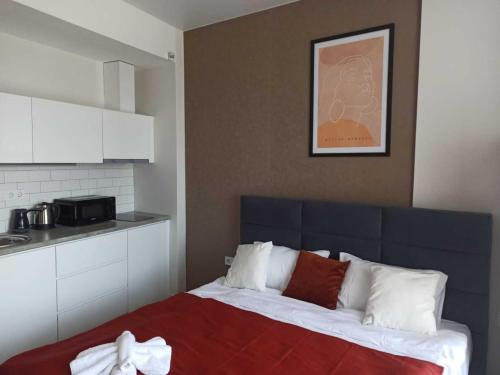 um quarto com uma cama com um cobertor vermelho em Cozy Studio Swimming Pool And Jacuzzi em Batumi