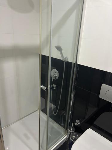 a shower with a glass door in a bathroom at Platform merter apartment in Istanbul