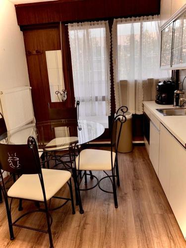 a kitchen with a table and chairs in a kitchen at Appartement 3 pièces pour 1 à 5 voyageurs in Rillieux