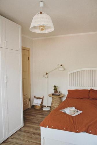 a bedroom with a bed and a lamp and a table at Cetate boulevard Apartment in Alba Iulia