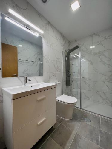 a bathroom with a sink and a toilet and a shower at Quinta da Pinguinha - Douro in Armamar