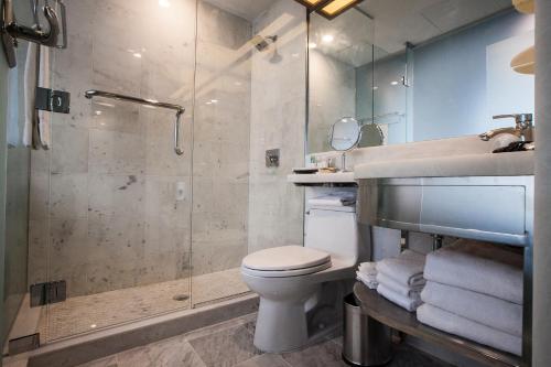 a bathroom with a shower and a toilet and a sink at Wyndham Garden Brooklyn Sunset Park in Brooklyn
