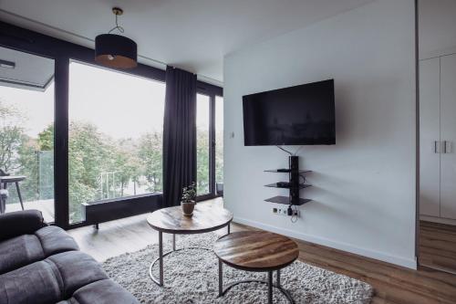 TV a/nebo společenská místnost v ubytování Art Apartamenty I Basen & SPA w CENTRUM z balkonem