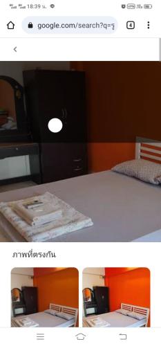 two pictures of a bedroom with a bed and a desk at Scpอพาร์ทเม้นท์ in Pak Kret