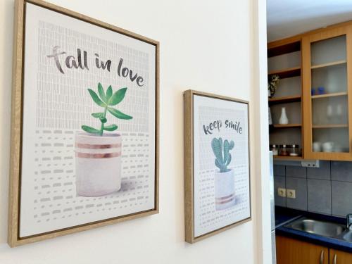 two framed prints of plants on a kitchen wall at Rab City Apartment Greeny in Rab