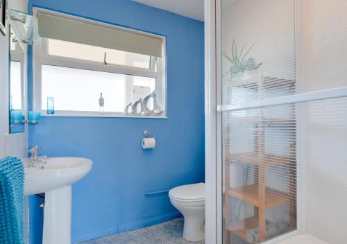 a blue bathroom with a toilet and a sink at Island View in Thurlestone