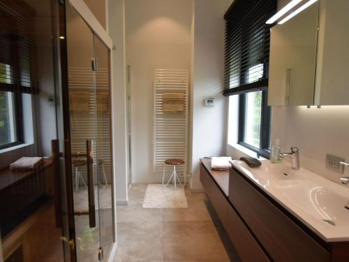 uma casa de banho com um lavatório e um espelho em Modern holiday home in Maasmechelen with sauna em Maasmechelen