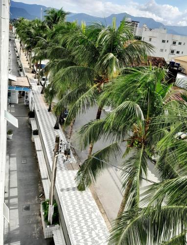 uitzicht op een straat met palmbomen op een gebouw bij Apartamento bem localizado. in Praia Grande
