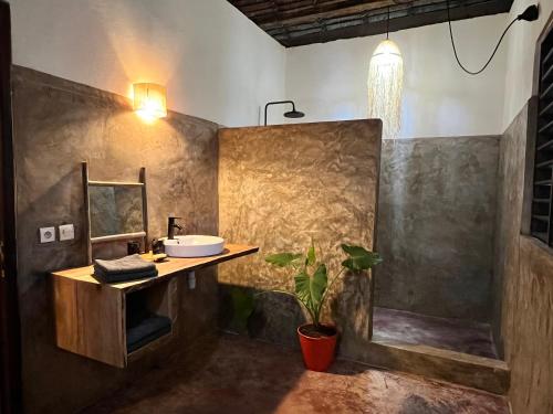 a bathroom with a sink and a shower at NatShi Lodge in Ambaro