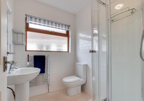 a bathroom with a toilet and a sink and a shower at Avalon in Brixham