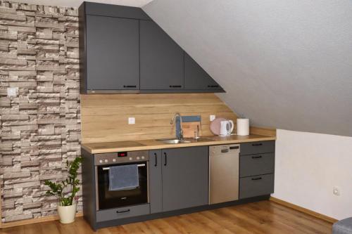 a kitchen with a sink and a counter top at Apartman Tune 