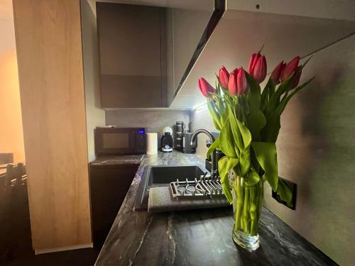 een vaas met rode tulpen op een aanrecht in een keuken bij Apartament Ustroń in Ustroń