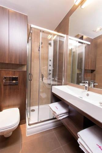 a bathroom with a shower and a sink and a toilet at Villa Amelia in Niechorze