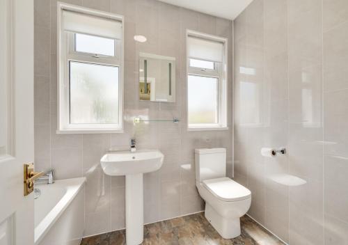a white bathroom with a toilet and a sink at Preston Down in Paignton