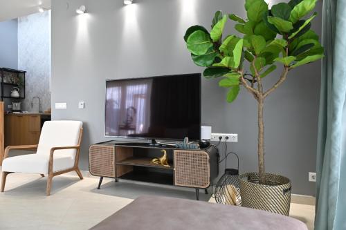 a living room with a tv and a tree at H49 Apartman Wellness & Spa - Adults only in Sovata