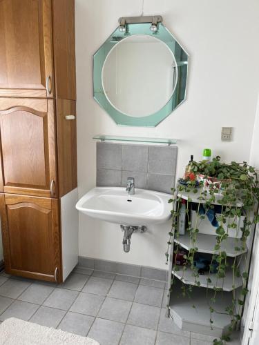 a bathroom with a sink and a mirror at Munkebo B&B, Thy in Thisted