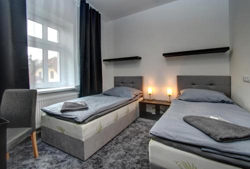 a bedroom with two beds and a window at Vila Vyšehrad in Český Krumlov