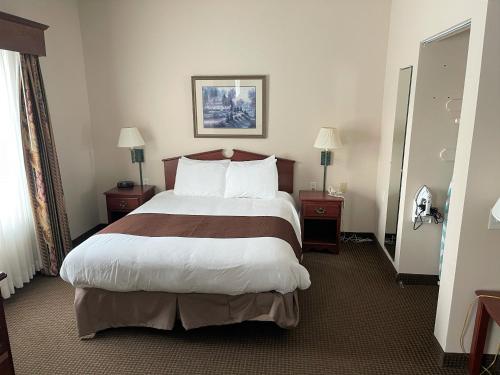 a hotel room with a large bed and two night stands at River Hills Hotel- Mankato in Mankato