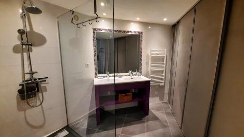 a bathroom with a sink and a mirror at Gîte avec piscine et jacuzzi partagés en Cévennes in Cros