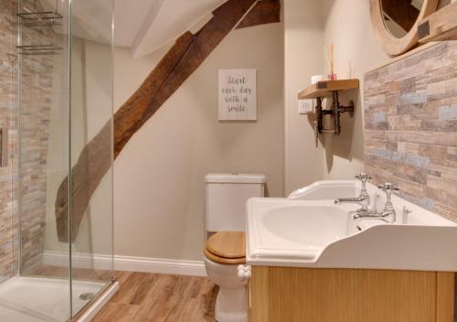 a bathroom with a sink and a toilet and a shower at Otters Corner in Branscombe