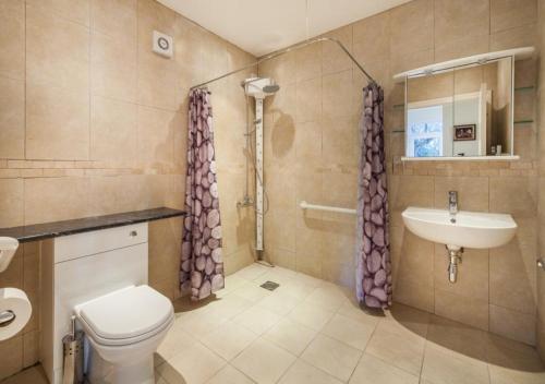 een badkamer met een toilet, een wastafel en een douche bij Kilmorie Lodge in Torquay