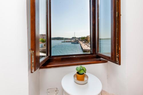 a window with a potted plant on a white table at Revera Rooms in Rovinj