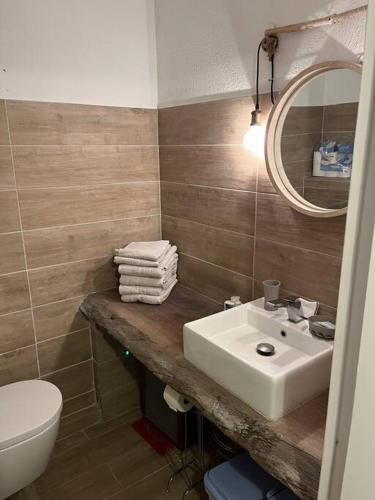 une salle de bain avec un lavabo, des toilettes et un miroir dans l'établissement Studio avec coin nuit vue mer - la ciotat, à La Ciotat