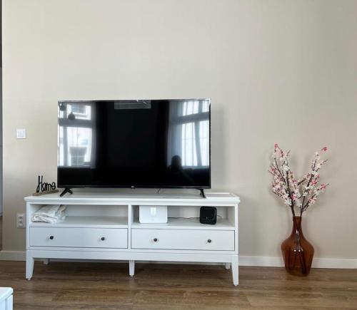 a white entertainment center with a flat screen tv on top at New apartment 2 - self check in, free parking in Bratislava