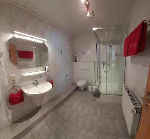 ein Bad mit einem Waschbecken, einer Dusche und einem WC in der Unterkunft Gästehaus Volker Haas in Kesten