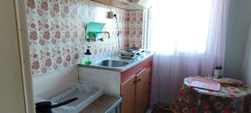 una pequeña cocina con fregadero y ventana en Vila marmelada en Leptokarya