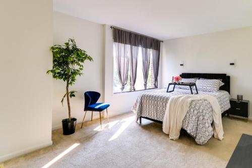 a bedroom with a bed and a blue chair at Cozy Laurel Condo with Pool Access, about 20 Mi to DC! in Laurel