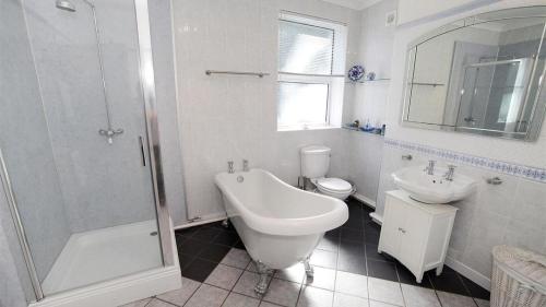 een badkamer met een toilet, een wastafel en een douche bij Langland Road Apt in The Mumbles