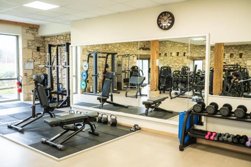une salle de sport avec des tapis de course, des poids et un grand miroir dans l'établissement SALVEO Suites, à Loubens